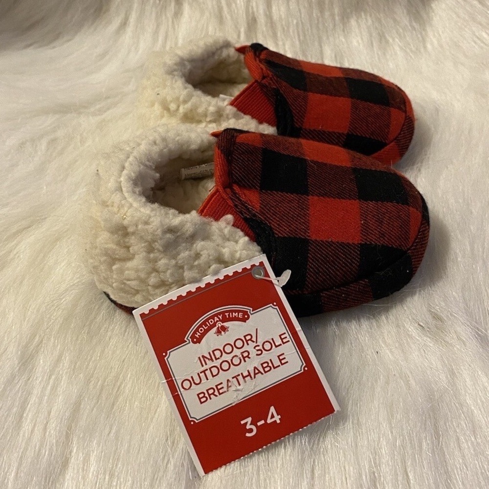 Holiday Time Slippers Infant Baby Size 3-4 Red Plaid Slip On Shoes Lightweight